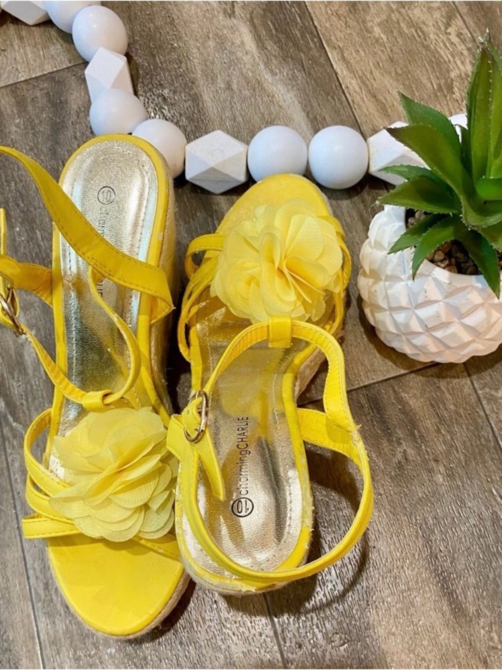 Charming Charlie Yellow Strap Wedges Chiffon Flower